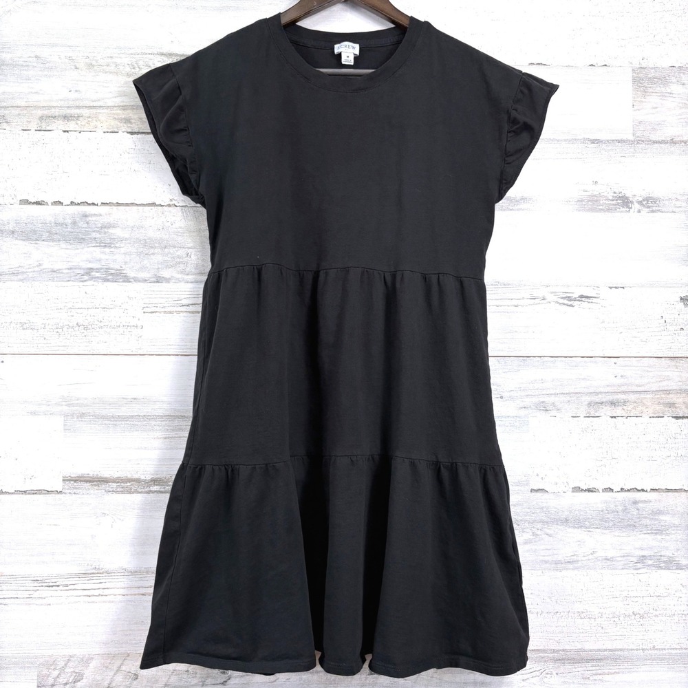 J.Crew Tiered Mini Dress Womens Medium‎ Black Ruffle Sleeve Cotton Chic Capsule